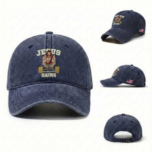Funny Jesus Gym Washed Cotton Baseball Cap Hallowed Be Thy Gains TS14 Washed Cap Universal Fit Navy Print Your Wear