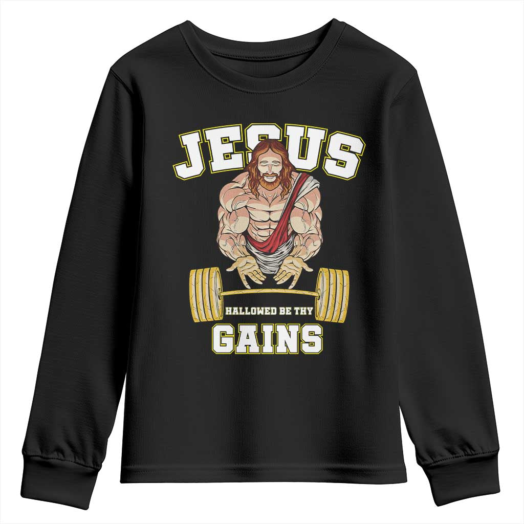 Funny Jesus Gym Youth Sweatshirt Hallowed Be Thy Gains TS14 Black Print Your Wear