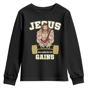 Funny Jesus Gym Youth Sweatshirt Hallowed Be Thy Gains TS14 Black Print Your Wear
