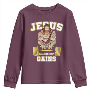 Funny Jesus Gym Youth Sweatshirt Hallowed Be Thy Gains TS14 Maroon Print Your Wear