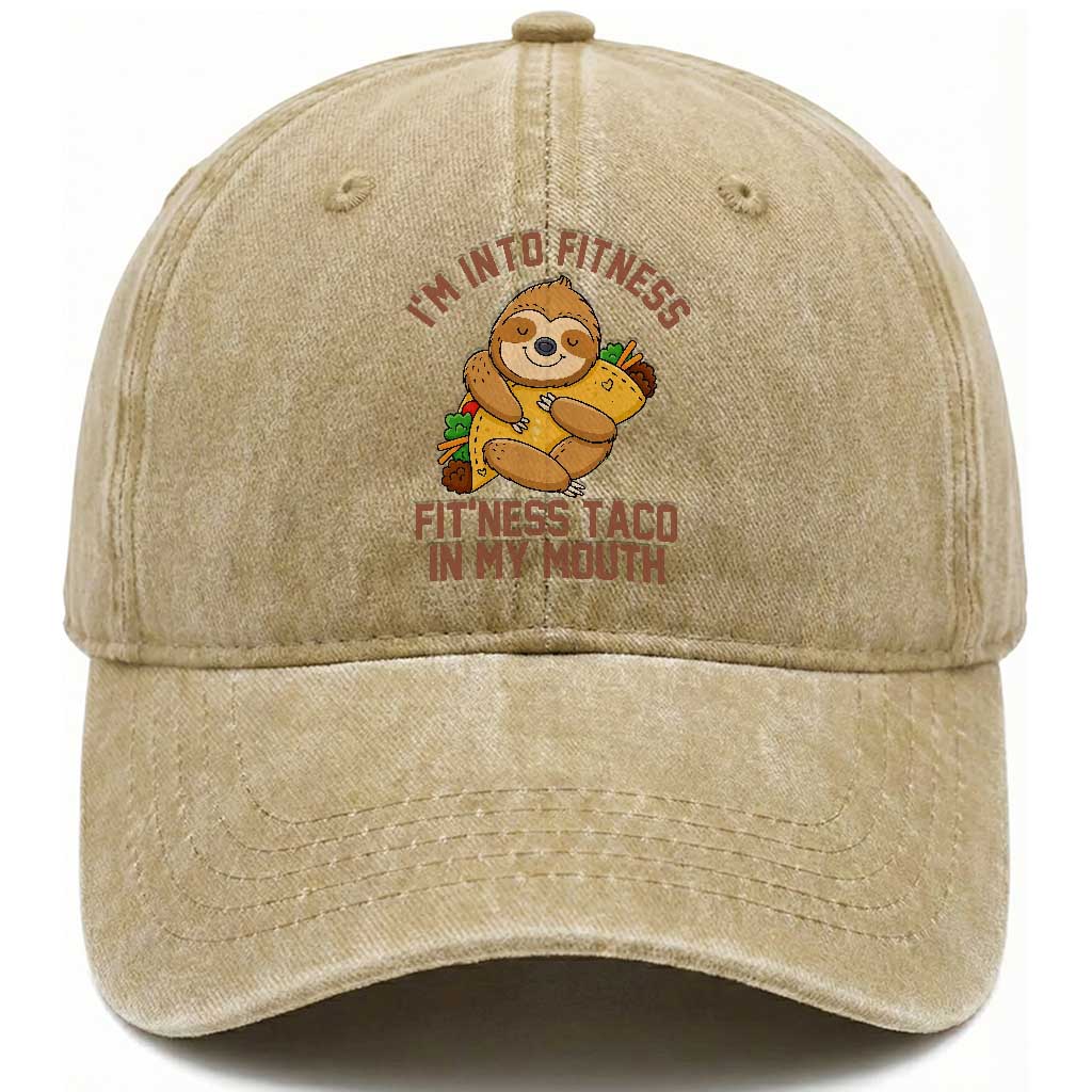Funny Sloth Taco Gym Washed Cotton Baseball Cap I'm Into Fitness Taco In My Mouth TS14 Washed Cap Universal Fit Khaki Print Your Wear