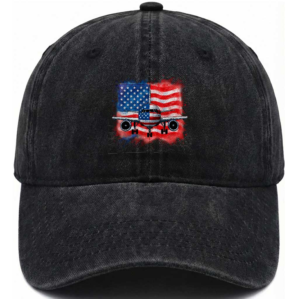 Pilot Airplane Patriotic American Flag Plane Aviation Washed Cotton Baseball Cap TS14 Washed Cap Universal Fit Black Print Your Wear