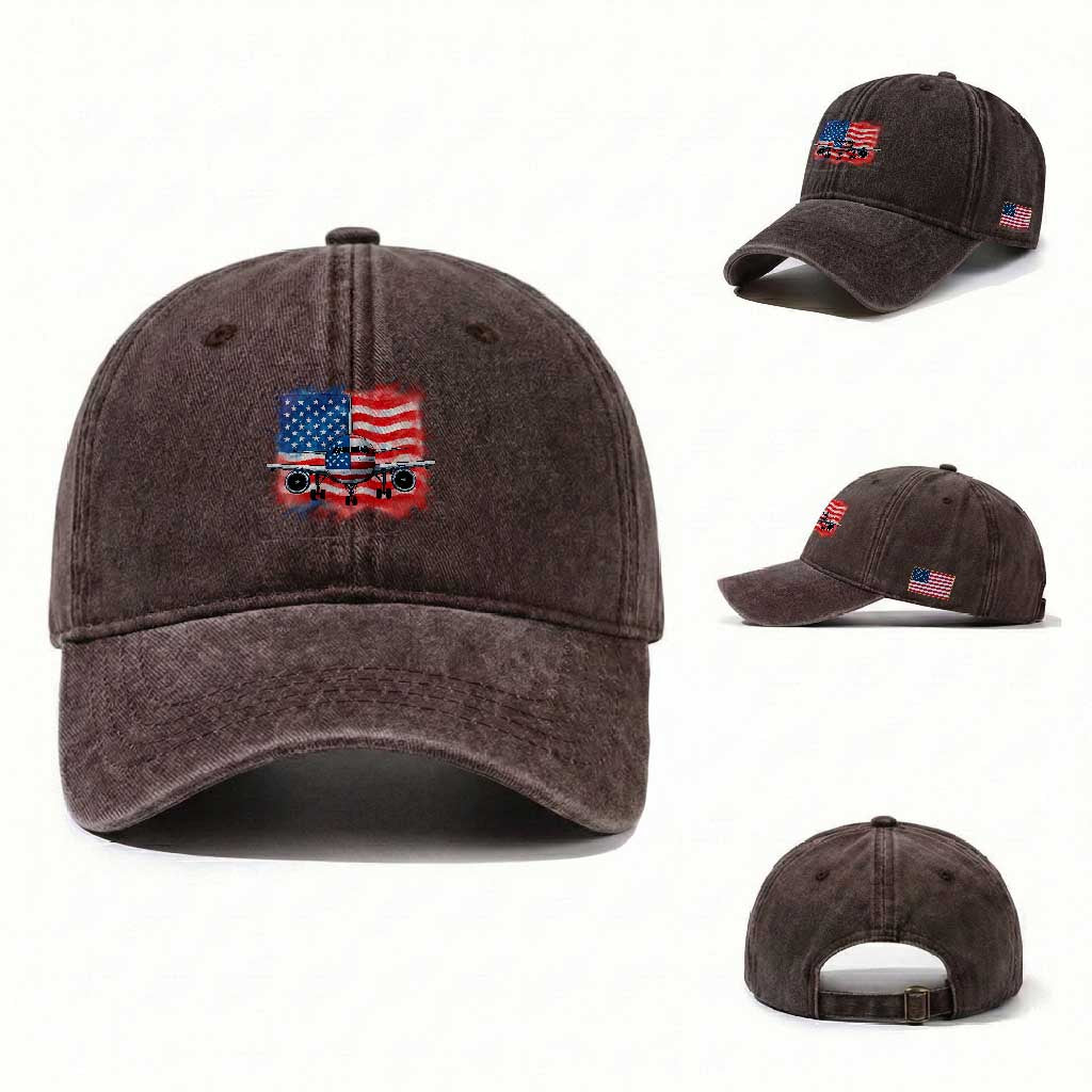 Pilot Airplane Patriotic American Flag Plane Aviation Washed Cotton Baseball Cap TS14 Washed Cap Universal Fit Dark Brown Print Your Wear