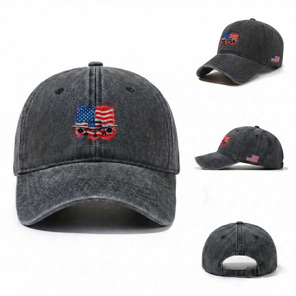 Pilot Airplane Patriotic American Flag Plane Aviation Washed Cotton Baseball Cap TS14 Washed Cap Universal Fit Dark Gray Print Your Wear