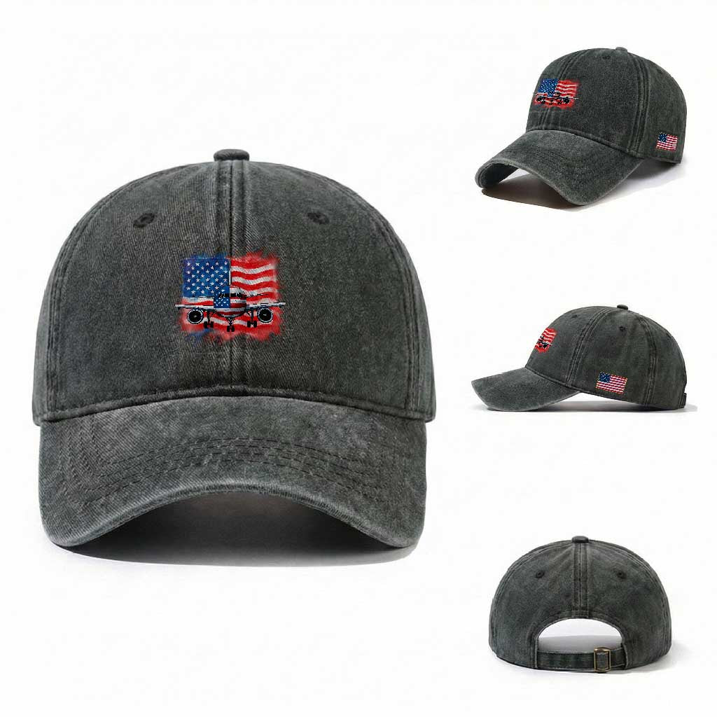 Pilot Airplane Patriotic American Flag Plane Aviation Washed Cotton Baseball Cap TS14 Washed Cap Universal Fit Dark Green Print Your Wear