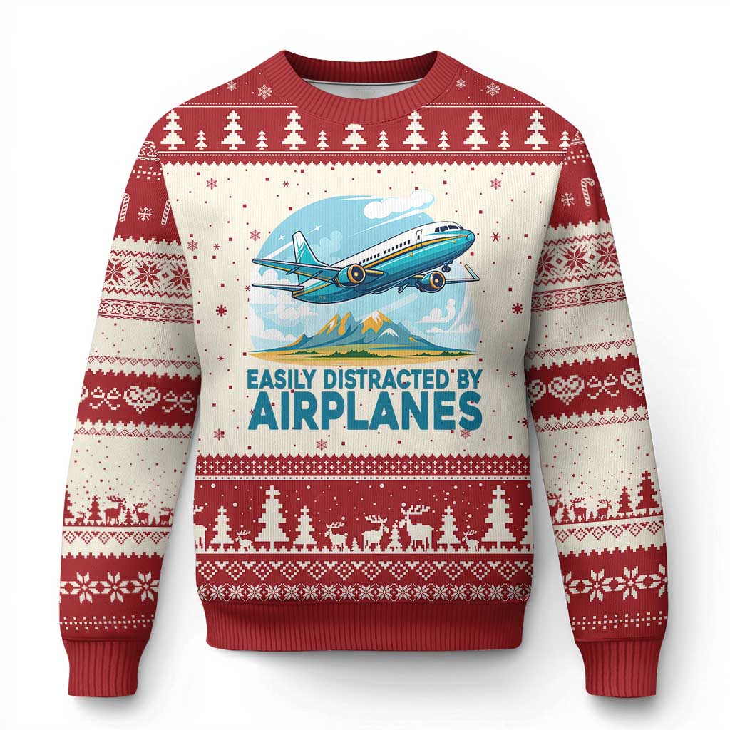 Funny Pilot Aviation Ugly Christmas Sweater Easily Distracted By Airplanes Lover TS14 Beige Red Print Your Wear