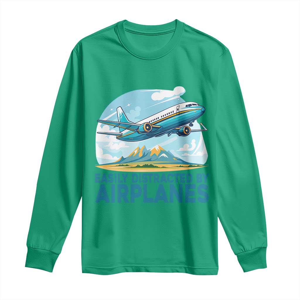 Funny Pilot Aviation Long Sleeve Shirt Easily Distracted By Airplanes Lover TS14 Irish Green Print Your Wear