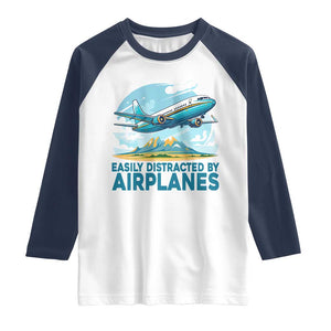 Funny Pilot Aviation Raglan Shirt Easily Distracted By Airplanes Lover TS14 White Navy Print Your Wear