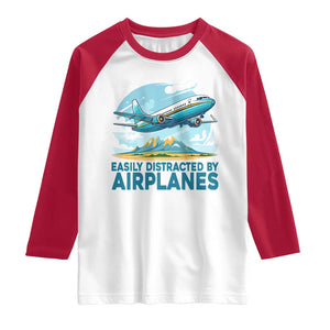 Funny Pilot Aviation Raglan Shirt Easily Distracted By Airplanes Lover TS14 White Red Print Your Wear