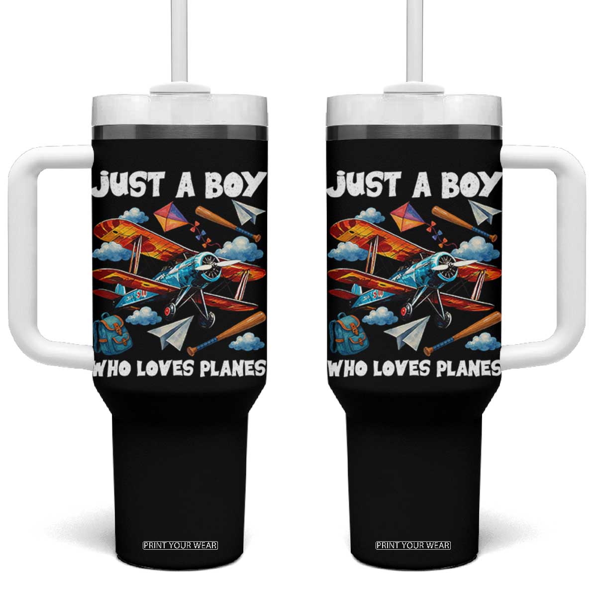 Funny Pilot Airplane Lovers Tumbler With Handle Just A Boy Who Loves Planes TS14 One Size: 40 oz Black Print Your Wear