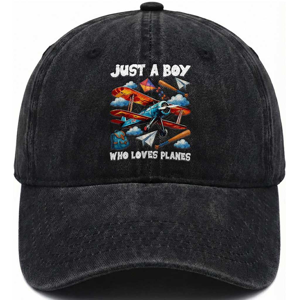 Funny Pilot Airplane Lovers Washed Cotton Baseball Cap Just A Boy Who Loves Planes TS14 Washed Cap Universal Fit Black Print Your Wear