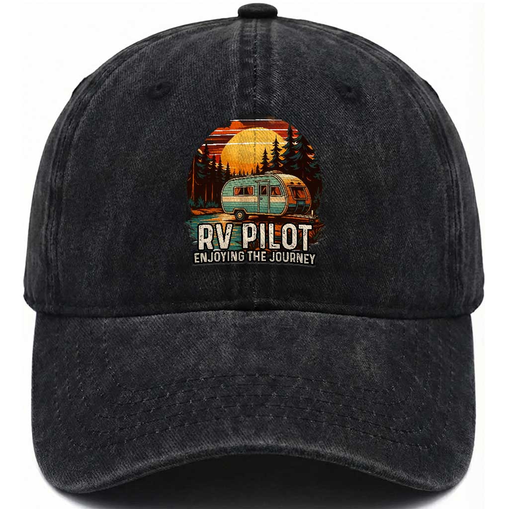 RV Pilot Enjoying The Journey Washed Cotton Baseball Cap Funny Camping Lover TS14 Washed Cap Universal Fit Black Print Your Wear