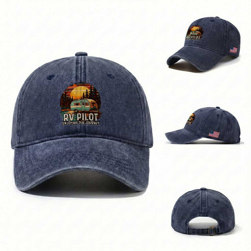 RV Pilot Enjoying The Journey Washed Cotton Baseball Cap Funny Camping Lover TS14 Washed Cap Universal Fit Navy Print Your Wear