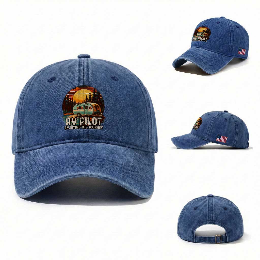 RV Pilot Enjoying The Journey Washed Cotton Baseball Cap Funny Camping Lover TS14 Washed Cap Universal Fit Royal Blue Print Your Wear