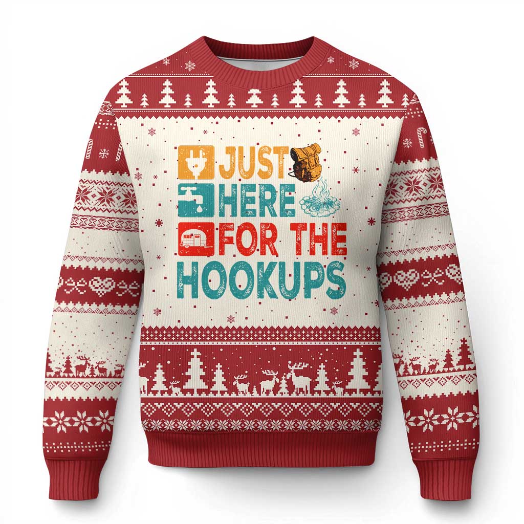 RV Camping Caravan Motorhome Ugly Christmas Sweater Just Here For The Hookups TS14 Beige Red Print Your Wear