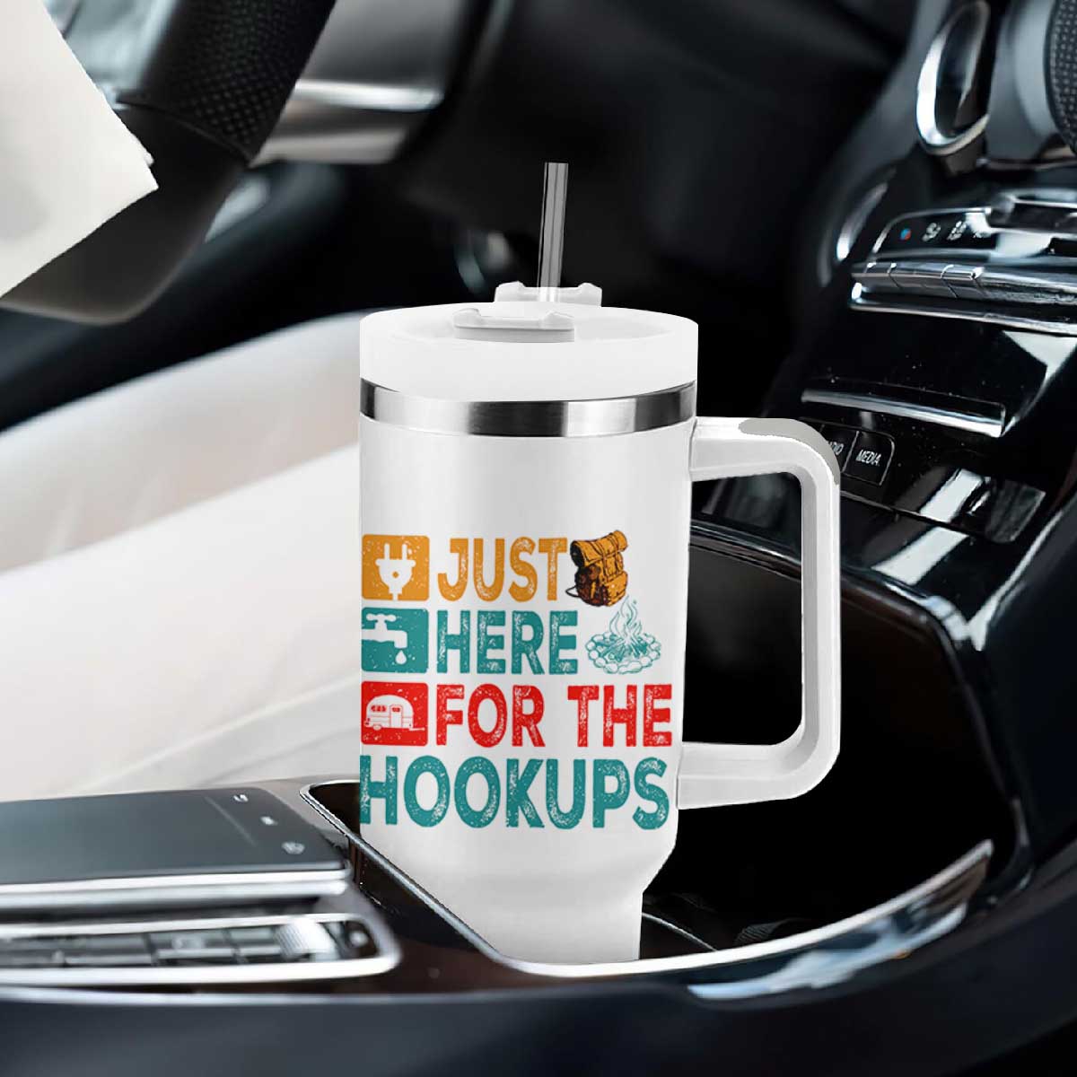 RV Camping Caravan Motorhome Tumbler With Handle Just Here For The Hookups TS14 Print Your Wear