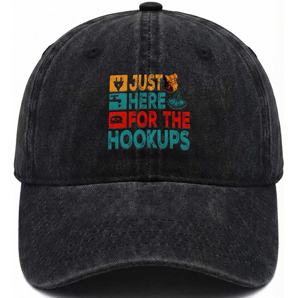 RV Camping Caravan Motorhome Washed Cotton Baseball Cap Just Here For The Hookups TS14 Washed Cap Universal Fit Black Print Your Wear