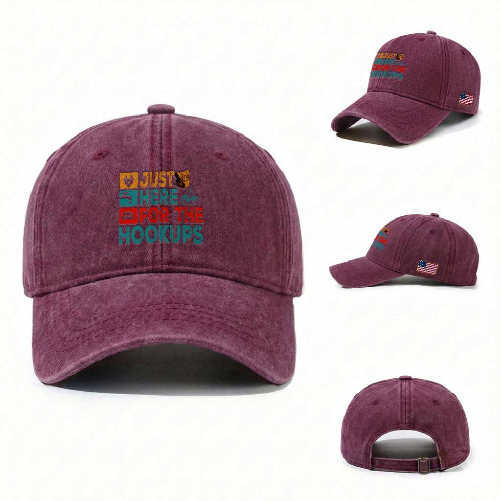 RV Camping Caravan Motorhome Washed Cotton Baseball Cap Just Here For The Hookups TS14 Washed Cap Universal Fit Burgundy Print Your Wear
