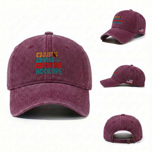 RV Camping Caravan Motorhome Washed Cotton Baseball Cap Just Here For The Hookups TS14 Washed Cap Universal Fit Burgundy Print Your Wear
