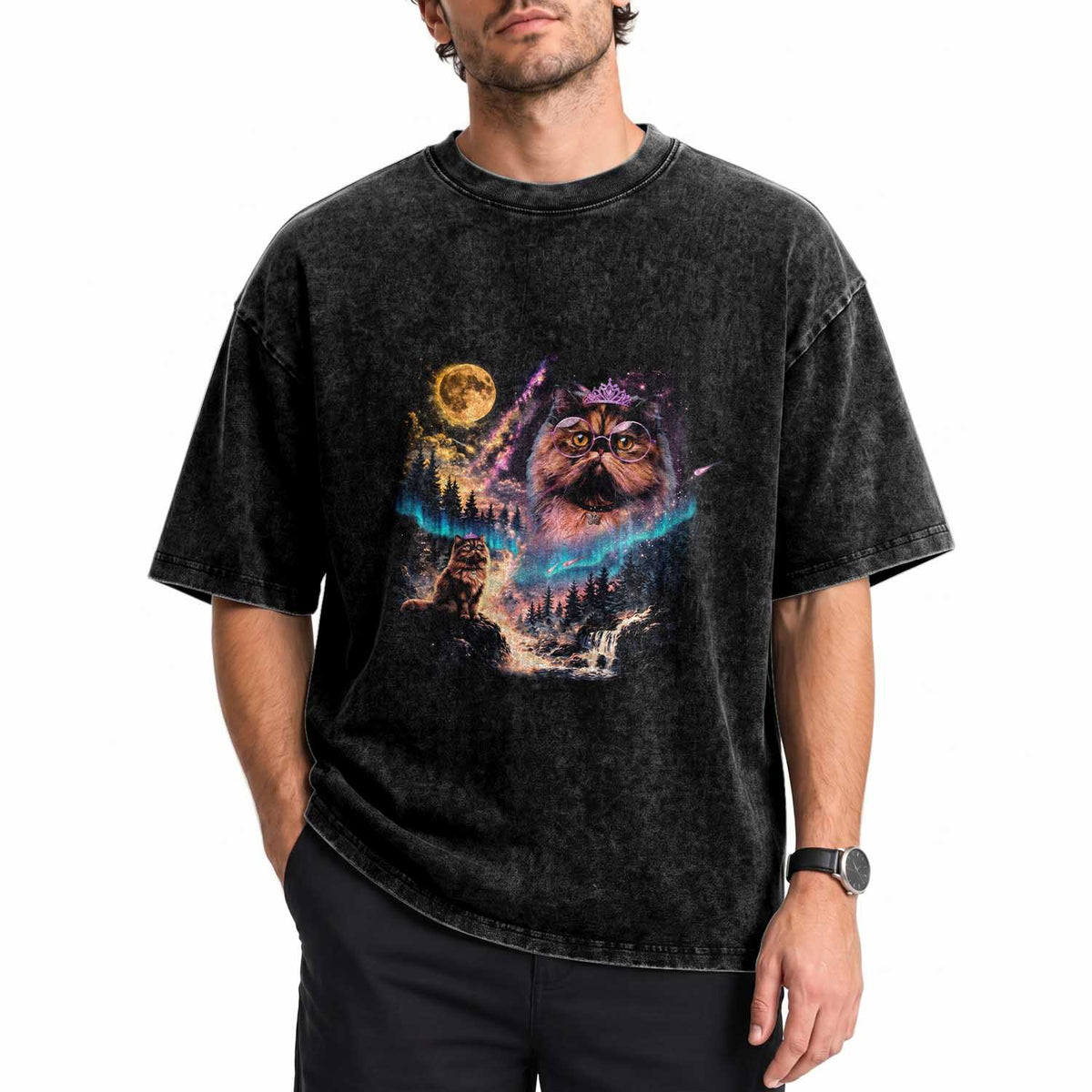 Princess Cat Howling at Moon 90's Nature Gift Washed Cotton T-Shirt