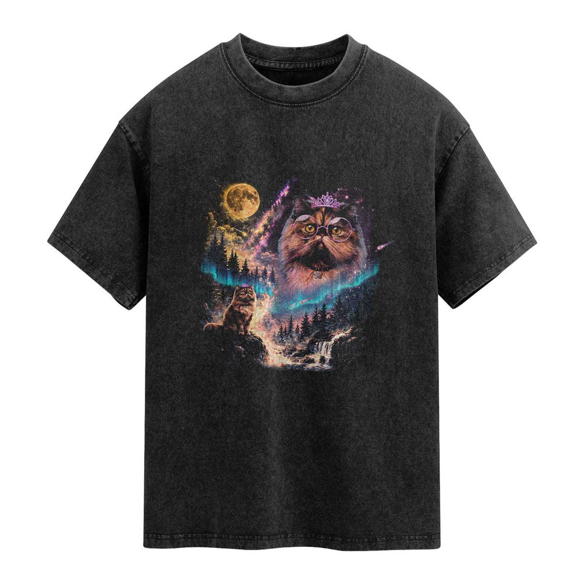 Princess Cat Howling at Moon 90's Nature Gift Washed Cotton T-Shirt