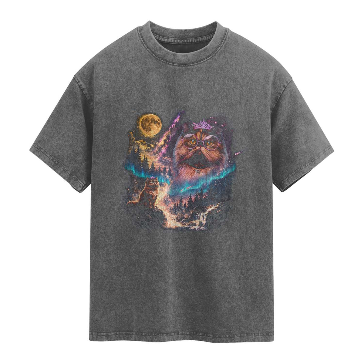 Princess Cat Howling at Moon 90's Nature Gift Washed Cotton T-Shirt