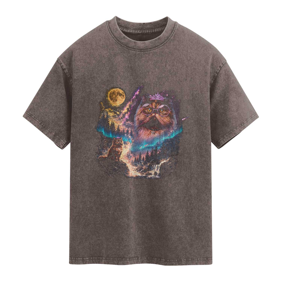 Princess Cat Howling at Moon 90's Nature Gift Washed Cotton T-Shirt