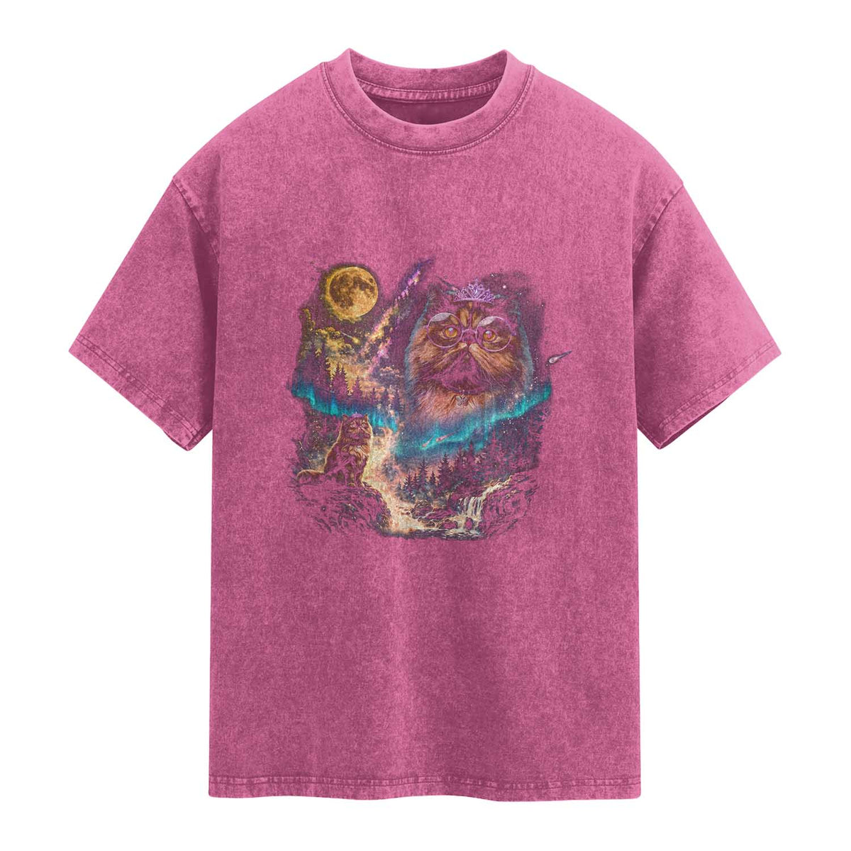 Princess Cat Howling at Moon 90's Nature Gift Washed Cotton T-Shirt