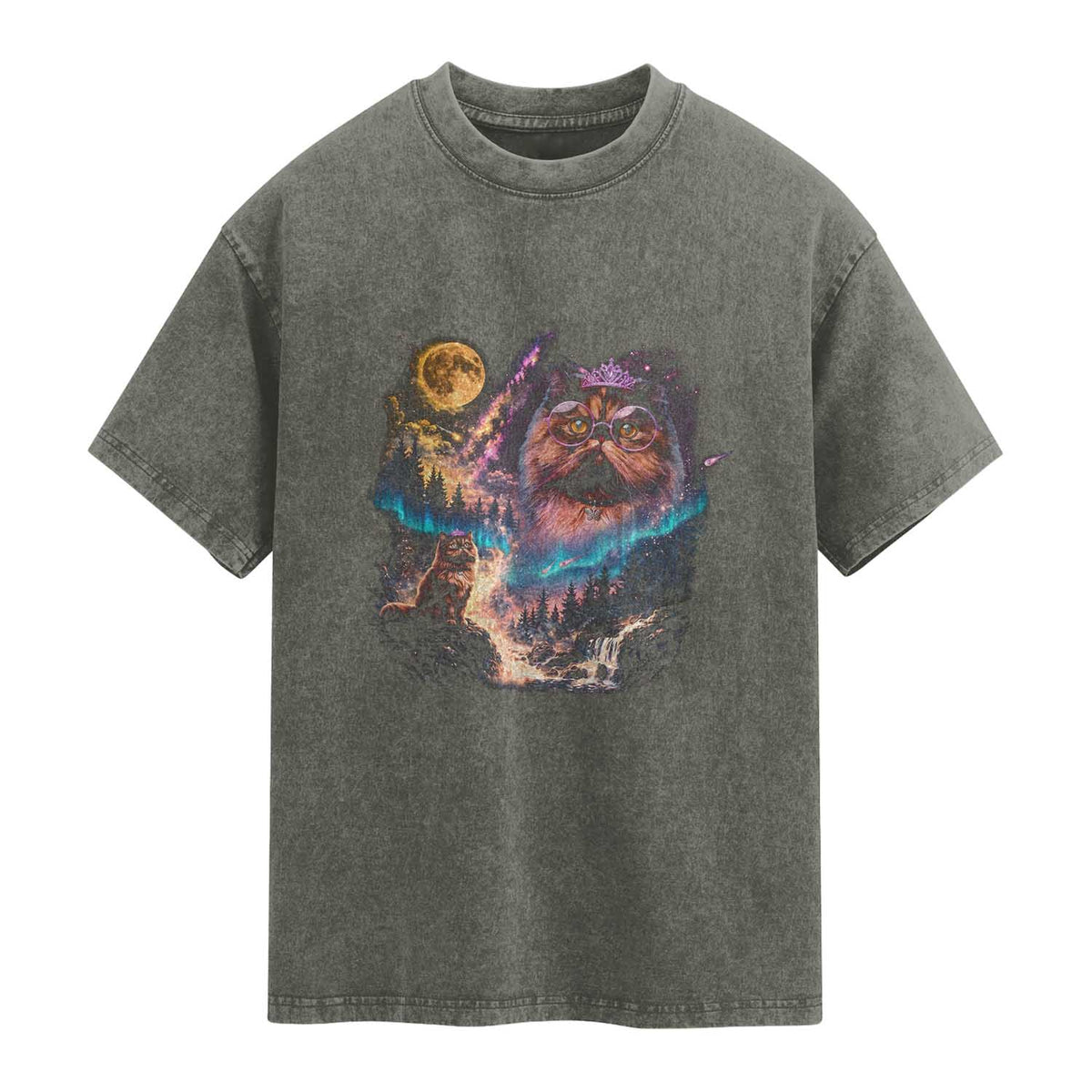 Princess Cat Howling at Moon 90's Nature Gift Washed Cotton T-Shirt