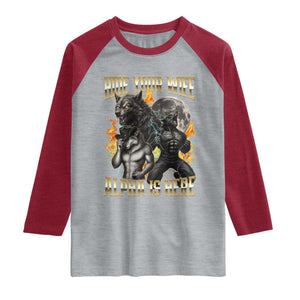 Hide Your Wife The Alpha is Here Raglan Shirt Cringe Werewolf Alpha Meme Humor TS14 Heather Gray Heather Red Print Your Wear