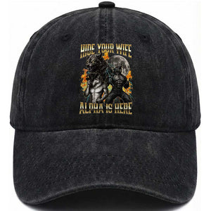 Hide Your Wife The Alpha is Here Washed Cotton Baseball Cap Cringe Werewolf Alpha Meme Humor TS14 Print Your Wear