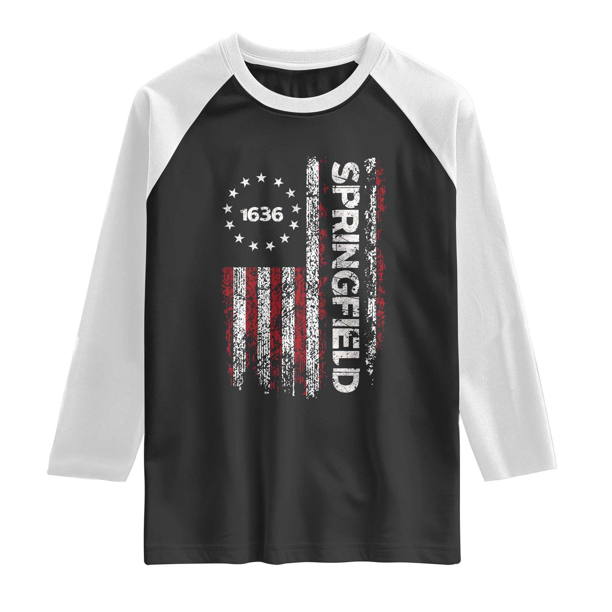 Springfield Massachusetts American Flag Established 1636 Raglan Shirt TS14 Black White Print Your Wear