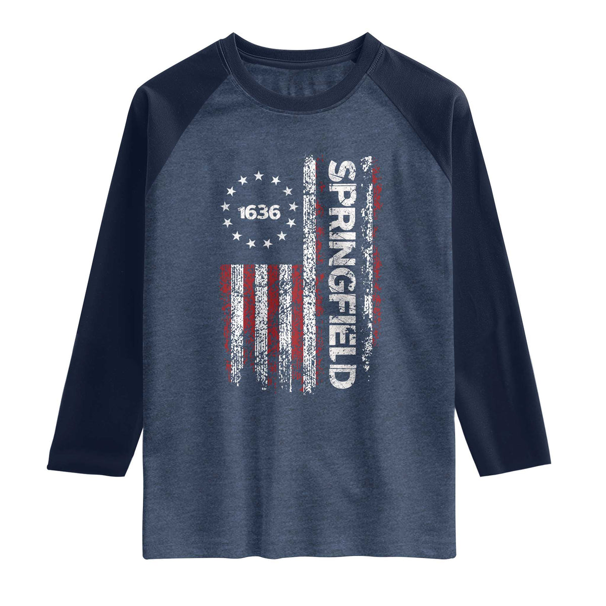Springfield Massachusetts American Flag Established 1636 Raglan Shirt TS14 Heather Denim Navy Print Your Wear