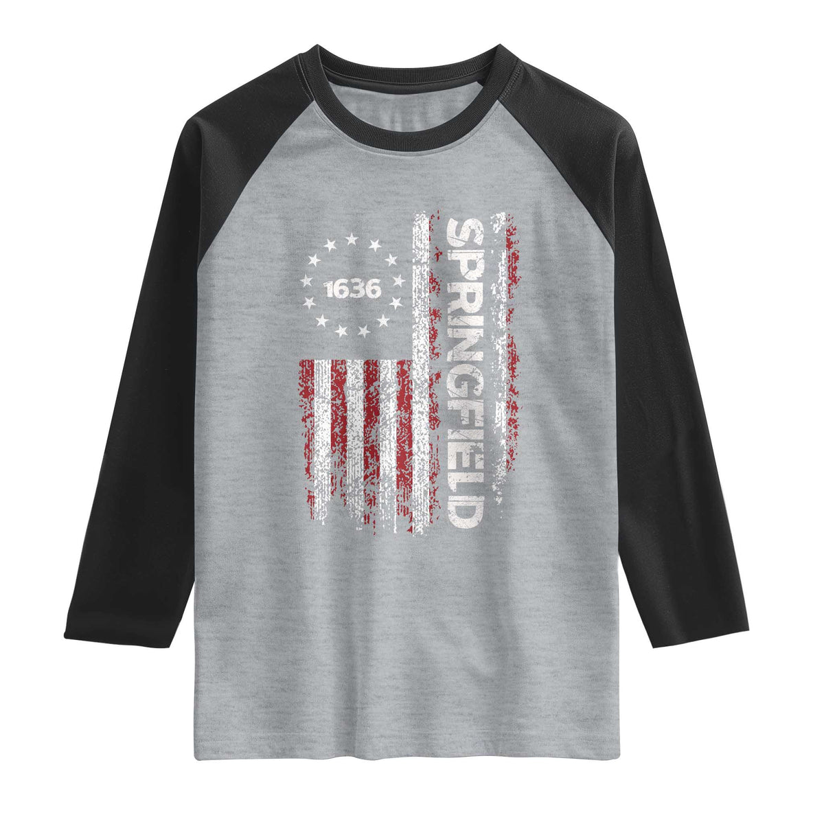 Springfield Massachusetts American Flag Established 1636 Raglan Shirt TS14 Heather Gray Black Print Your Wear