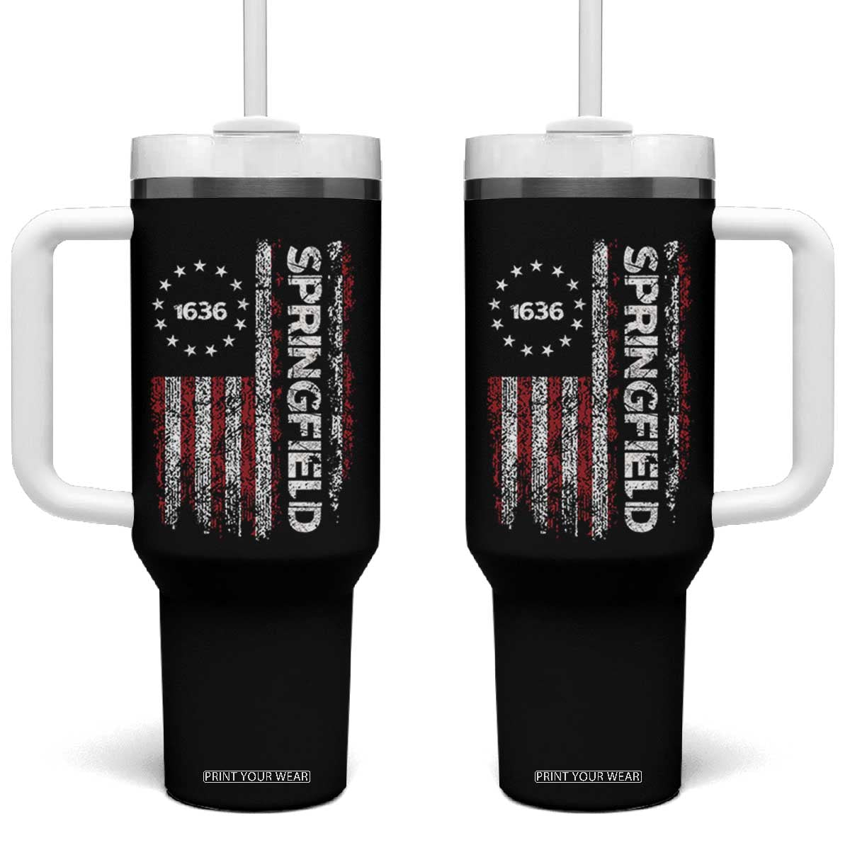 Springfield Massachusetts American Flag Established 1636 Tumbler With Handle TS14 One Size: 40 oz Black Print Your Wear
