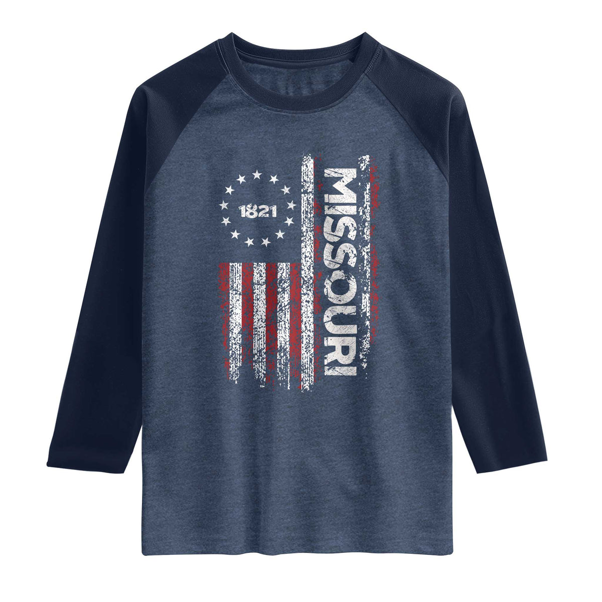 Missouri Missourian MO American Flag Established 1821 Raglan Shirt TS14 Heather Denim Navy Print Your Wear