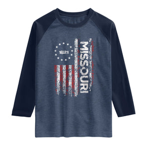 Missouri Missourian MO American Flag Established 1821 Raglan Shirt TS14 Heather Denim Navy Print Your Wear