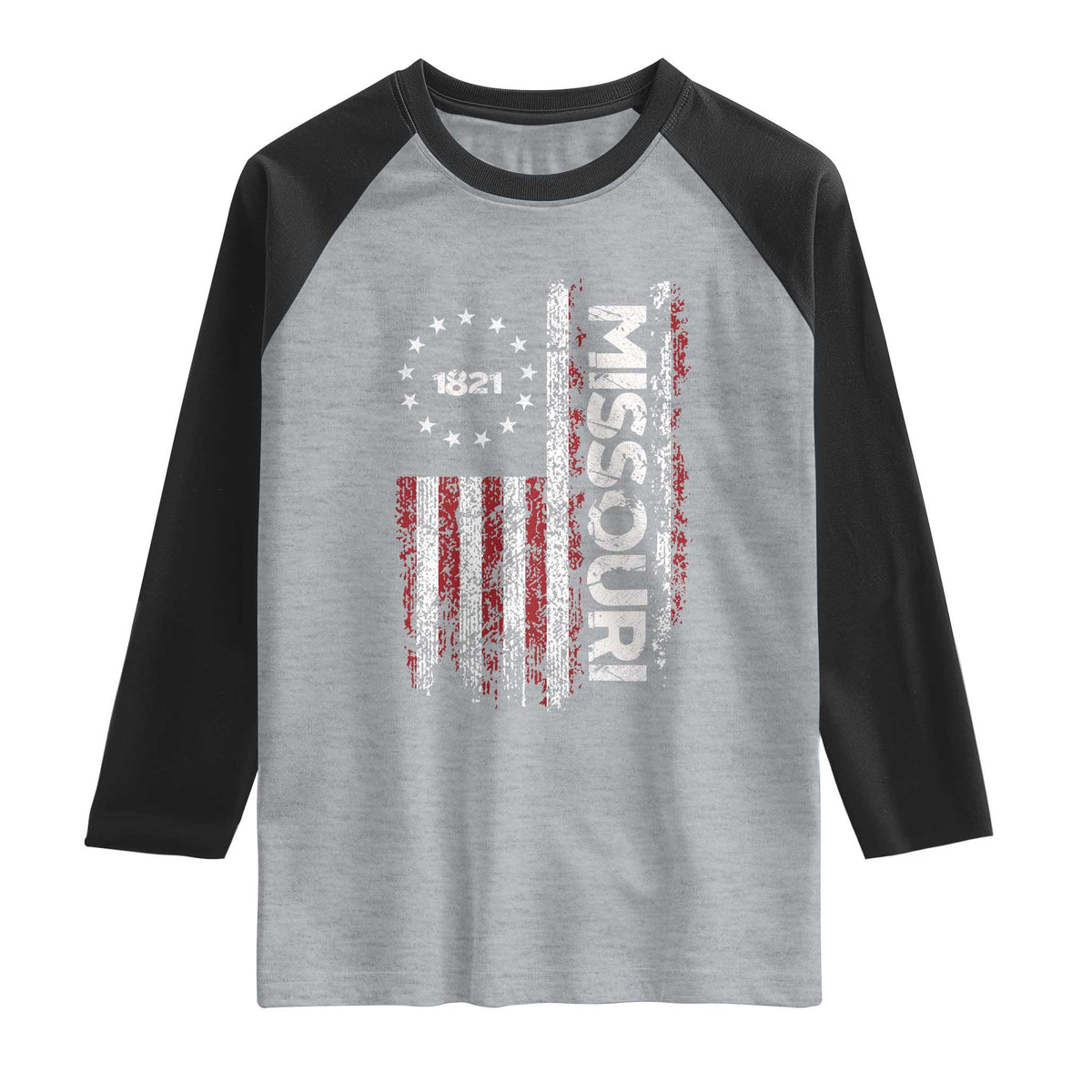Missouri Missourian MO American Flag Established 1821 Raglan Shirt TS14 Heather Gray Black Print Your Wear