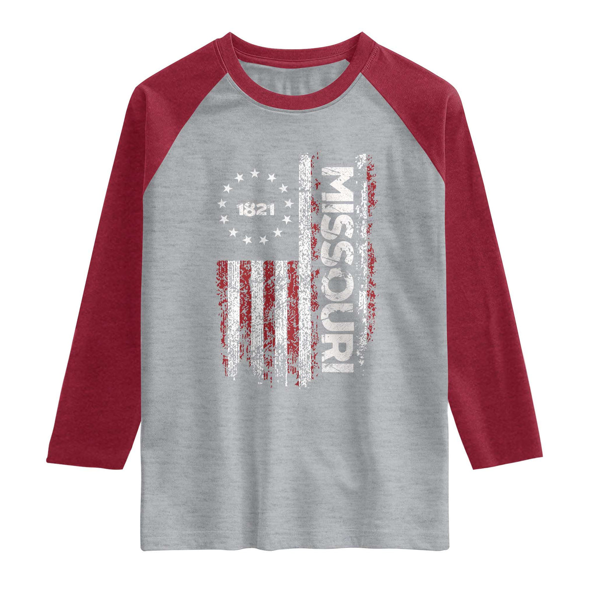 Missouri Missourian MO American Flag Established 1821 Raglan Shirt TS14 Heather Gray Heather Red Print Your Wear