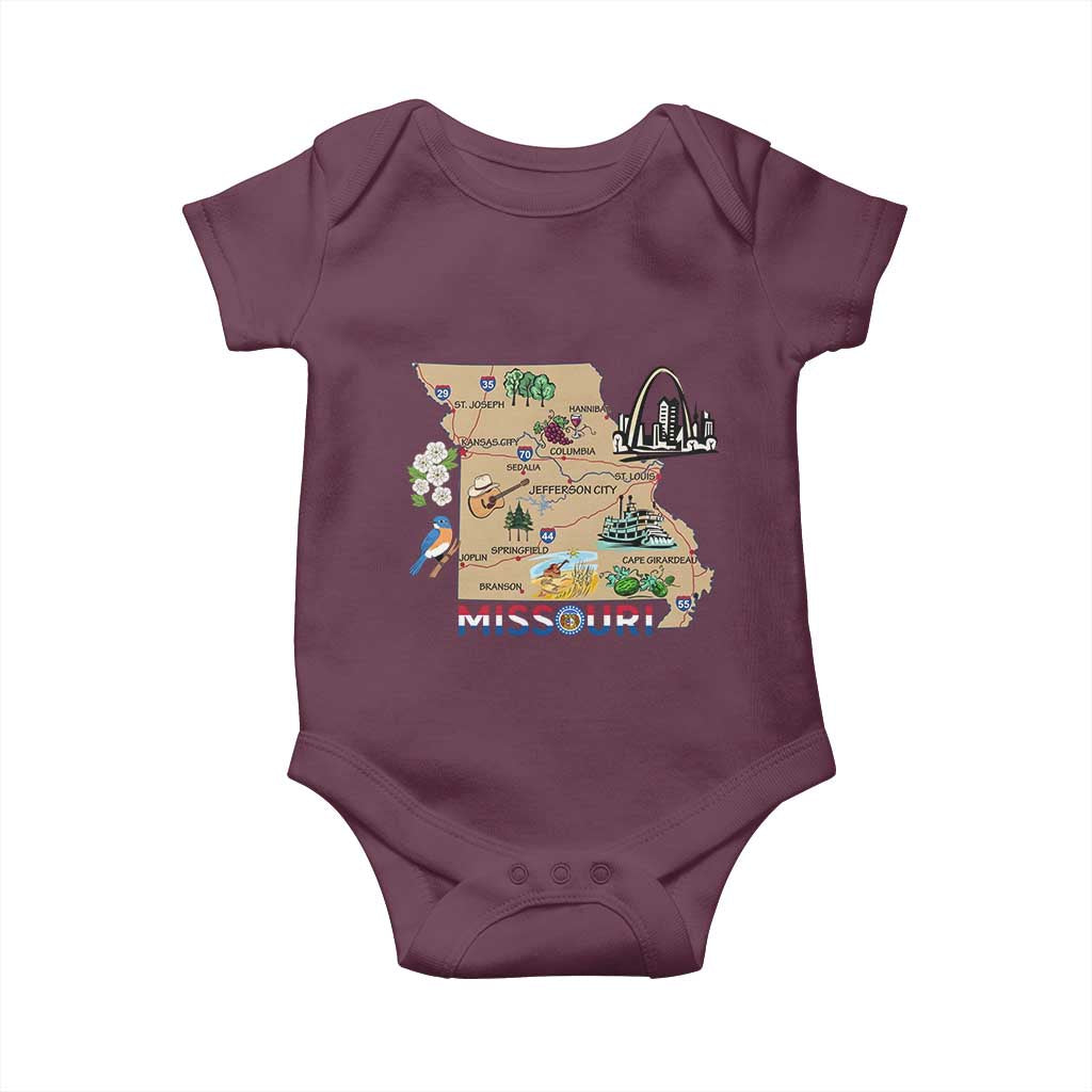 Missouri Map Landmarks Major Cities Roads Flag Baby Onesie TS14 Maroon Print Your Wear
