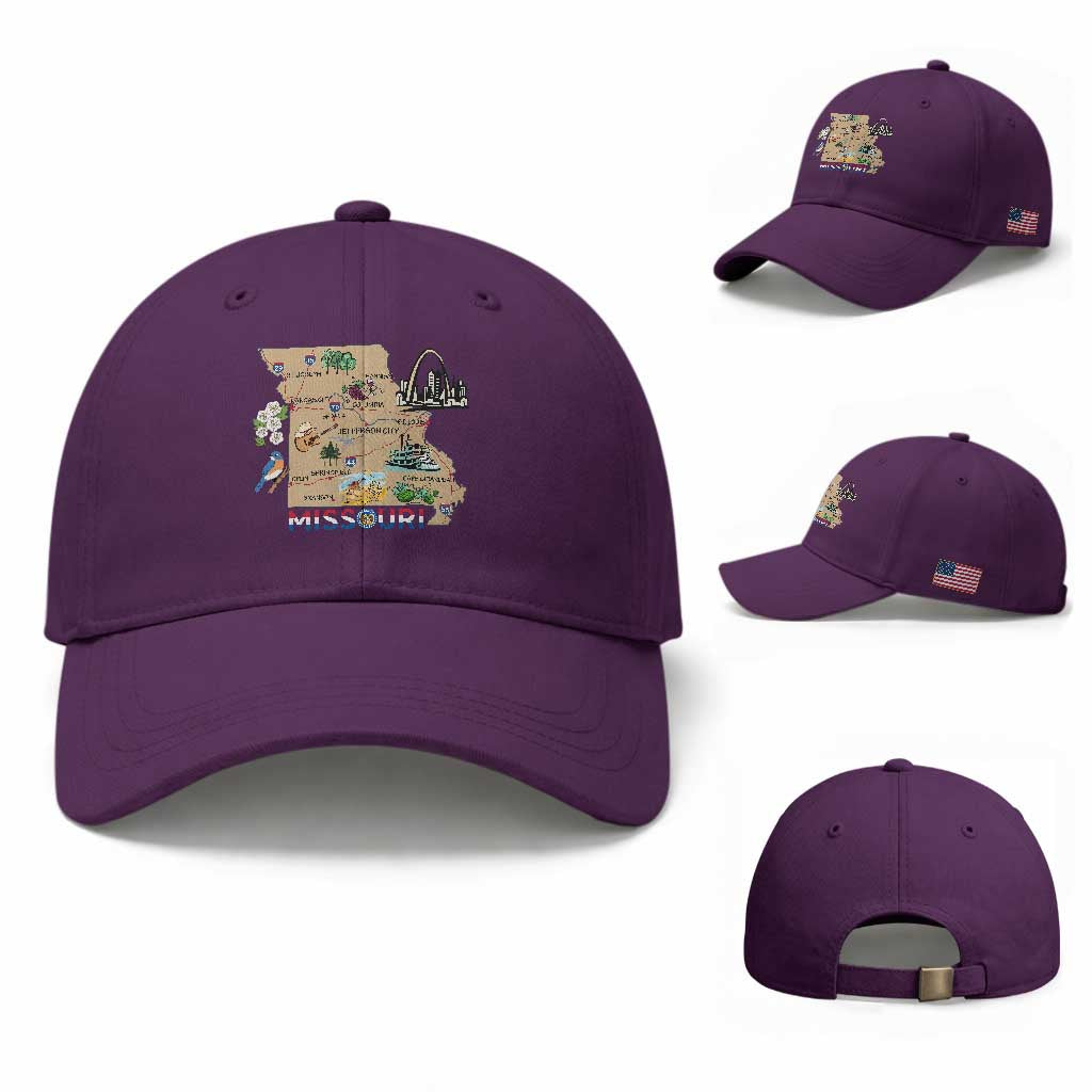 Missouri Map Landmarks Major Cities Roads Flag Baseball Cap TS14 Baseball Cap Universal Fit Purple Print Your Wear