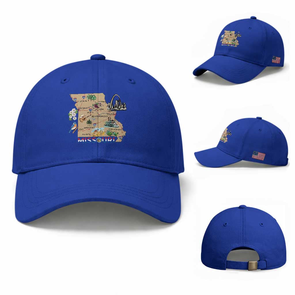 Missouri Map Landmarks Major Cities Roads Flag Baseball Cap TS14 Baseball Cap Universal Fit Royal Blue Print Your Wear