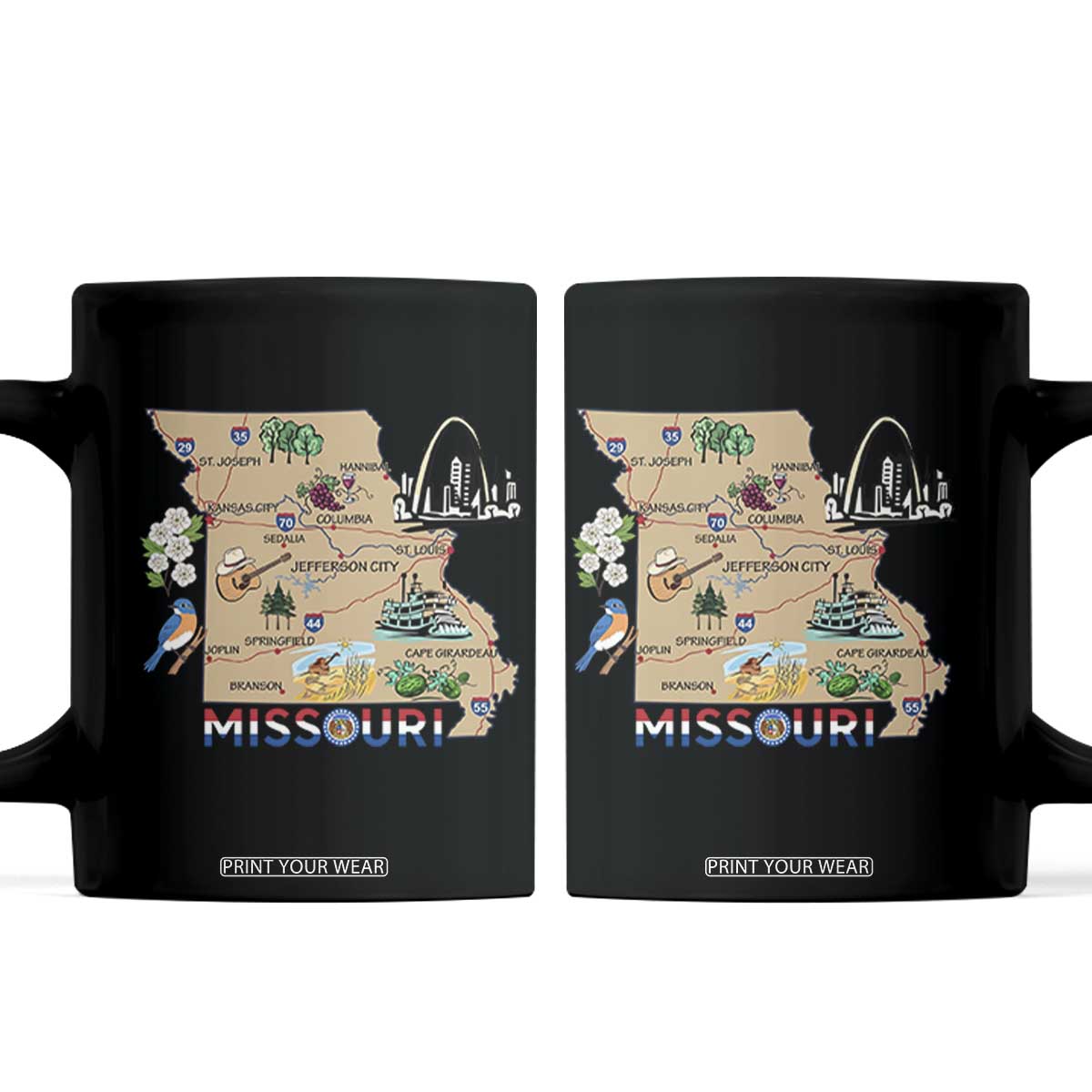 Missouri Map Landmarks Major Cities Roads Flag Coffee Mug TS14 Black Print Your Wear