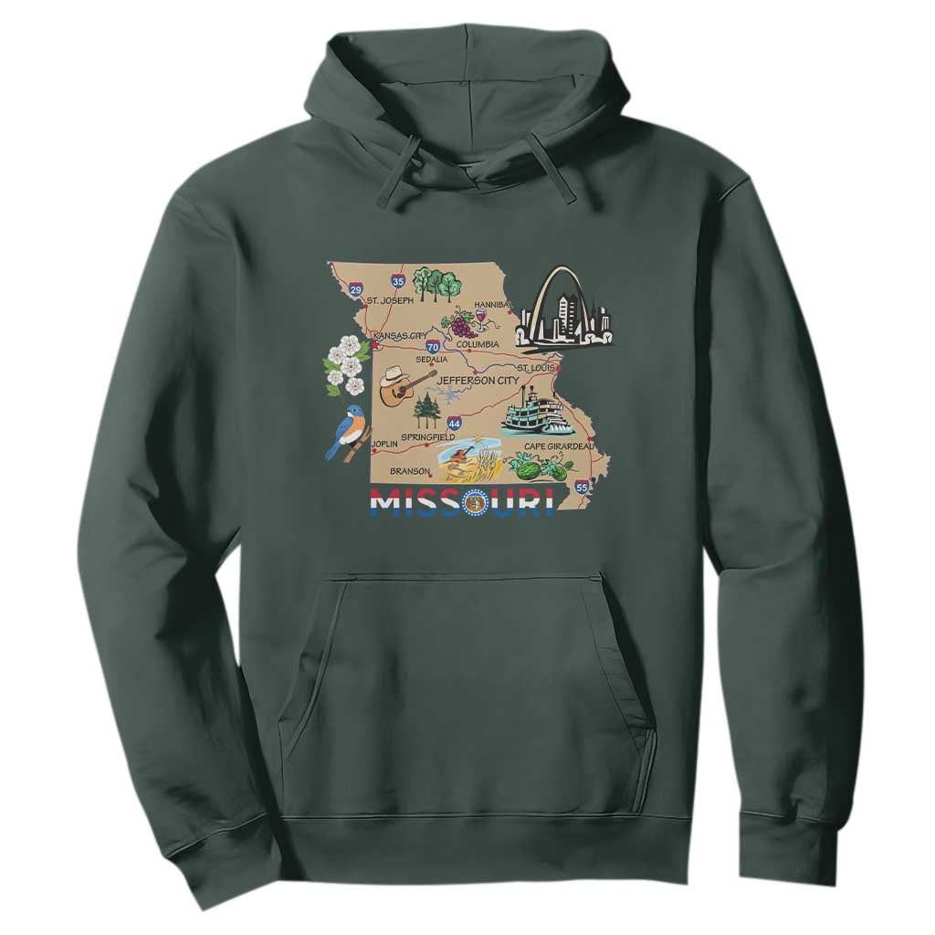 Missouri Map Landmarks Major Cities Roads Flag Hoodie TS14 Dark Forest Green Print Your Wear