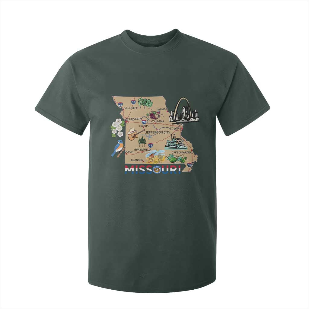 Missouri Map Landmarks Major Cities Roads Flag T Shirt For Kid TS14 Dark Forest Green Print Your Wear