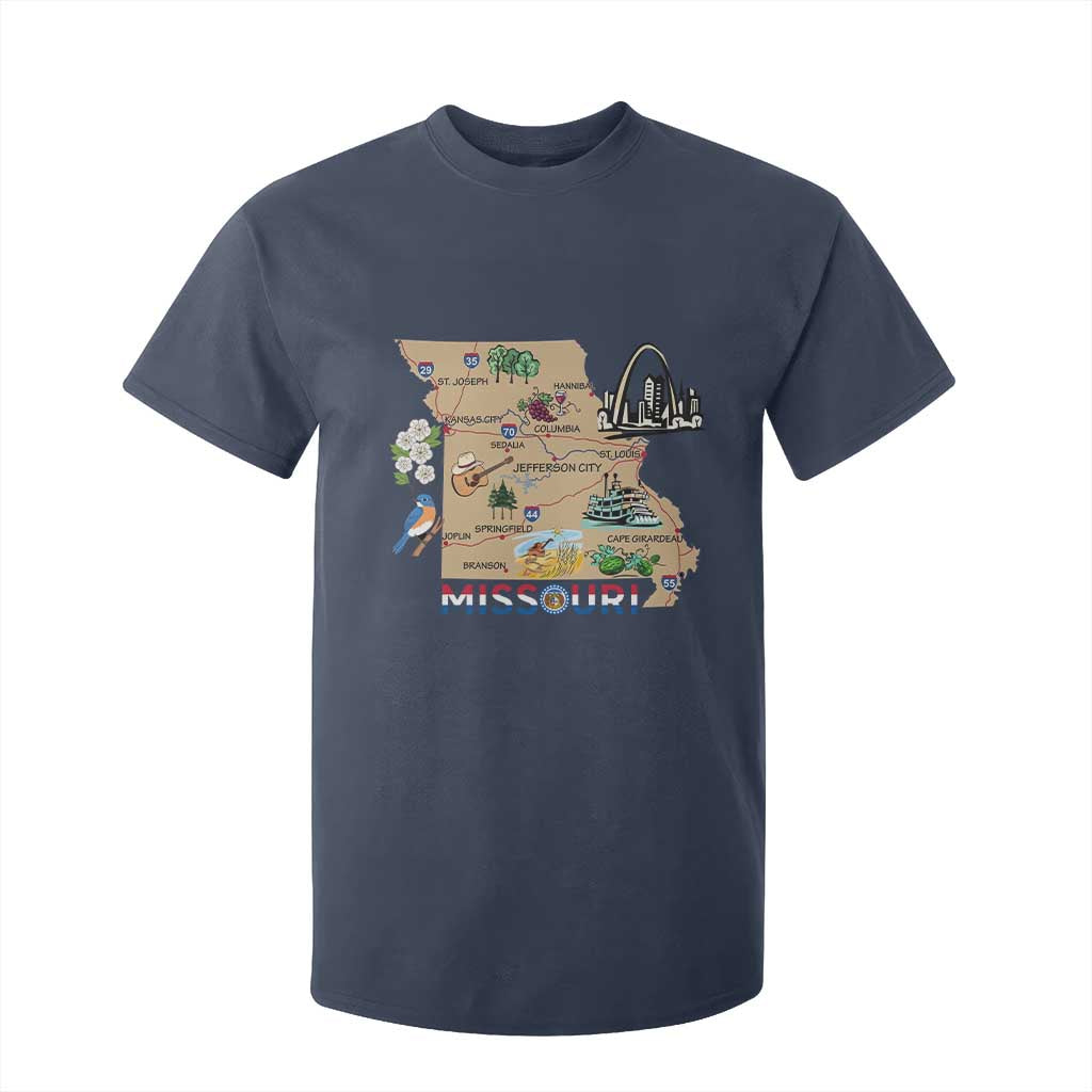 Missouri Map Landmarks Major Cities Roads Flag T Shirt For Kid TS14 Navy Print Your Wear