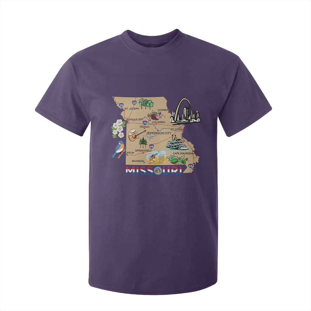 Missouri Map Landmarks Major Cities Roads Flag T Shirt For Kid TS14 Purple Print Your Wear