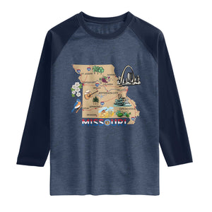 Missouri Map Landmarks Major Cities Roads Flag Raglan Shirt TS14 Heather Denim Navy Print Your Wear