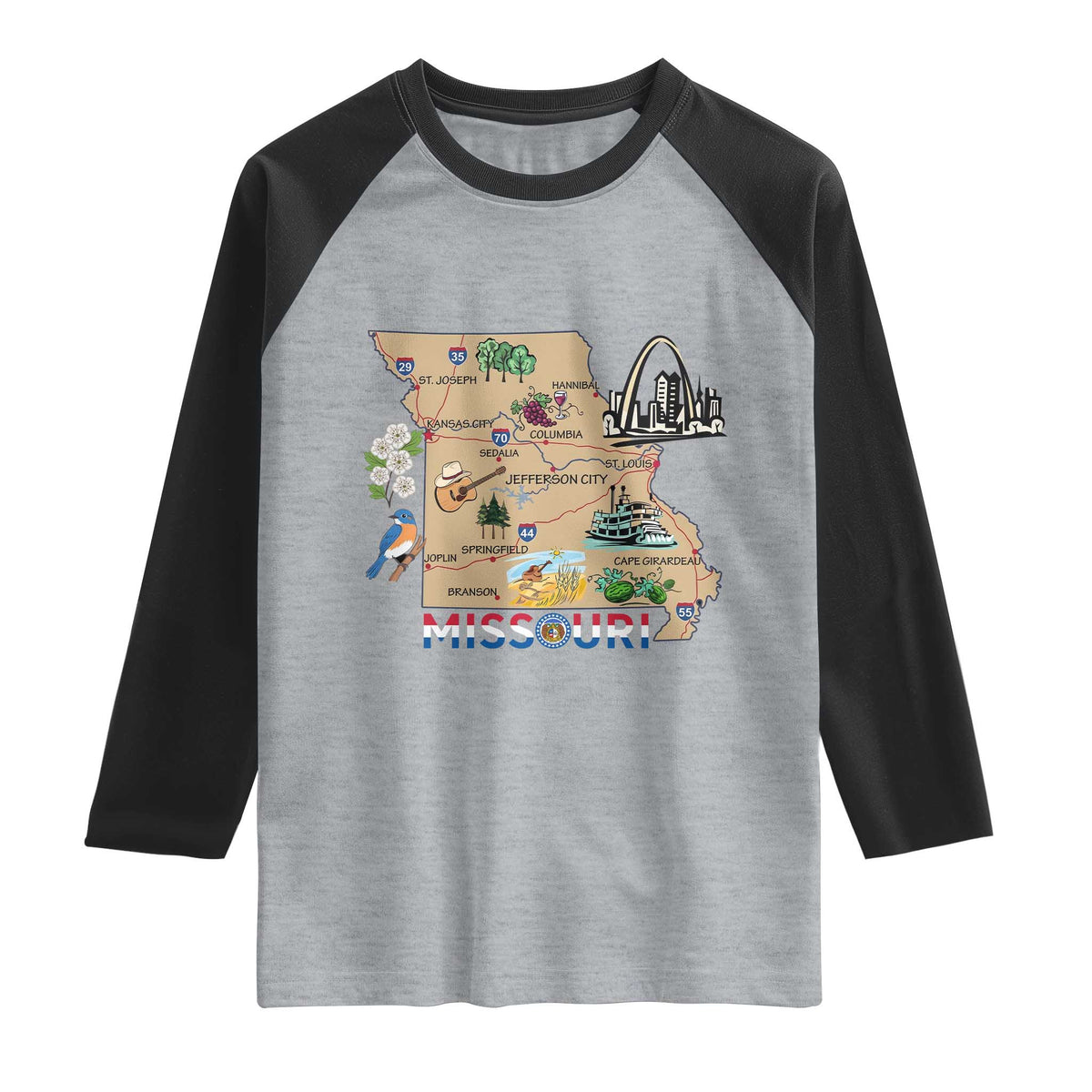 Missouri Map Landmarks Major Cities Roads Flag Raglan Shirt TS14 Heather Gray Black Print Your Wear