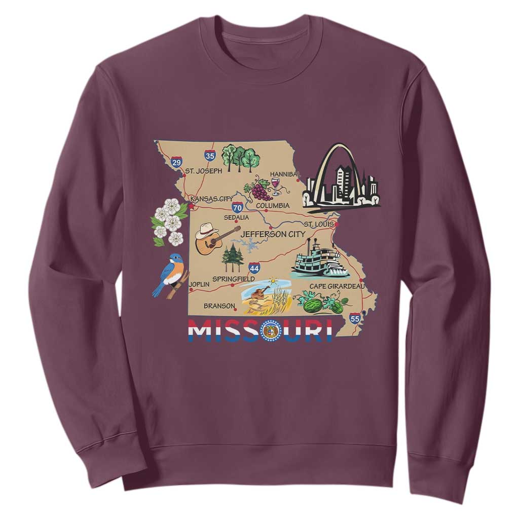 Missouri Map Landmarks Major Cities Roads Flag Sweatshirt TS14 Maroon Print Your Wear